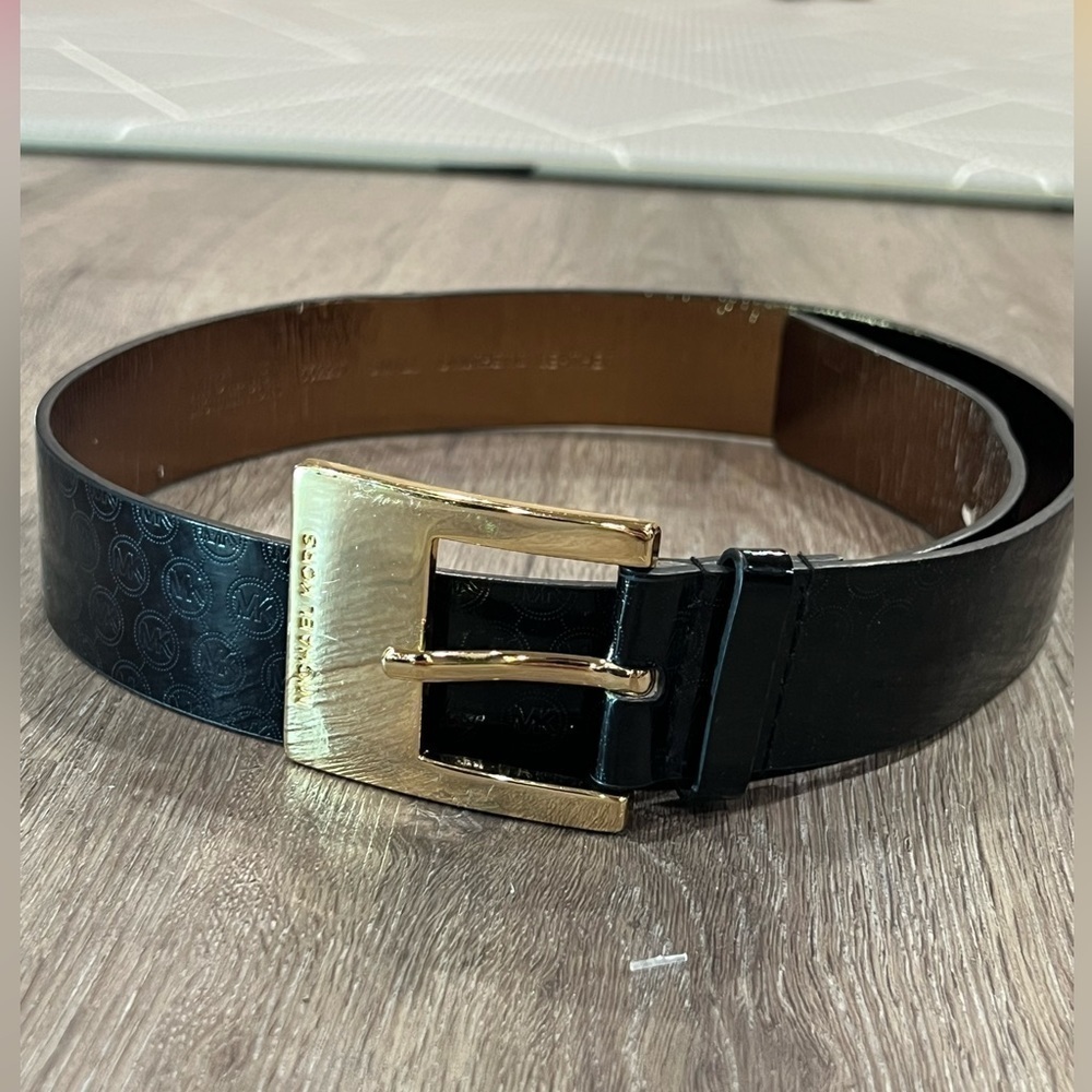 Michael Kors Brass Buckle Black Leather Monogram MK Logo Everywhere Belt Small